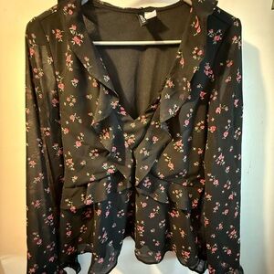 H&M Black Blouse with Pink Floral Accents